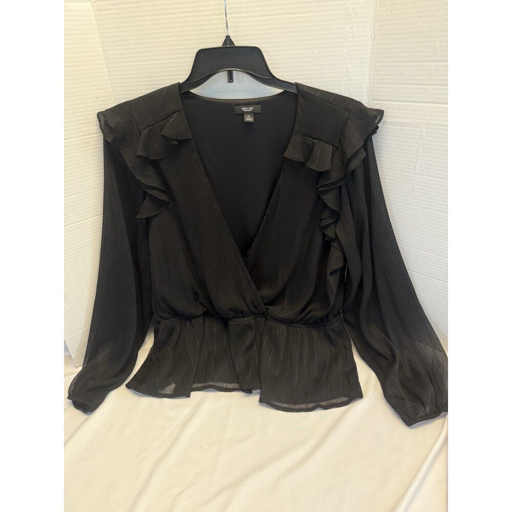 Vera Wang Ruffled Peplum Top Sz XL Black Striped W Silver Sparkle long Sleeves